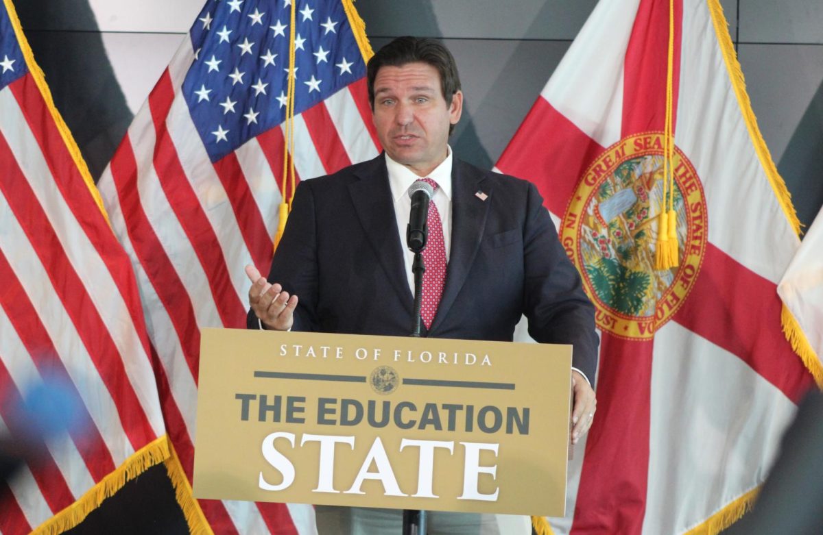 Florida Gov. Ron DeSantis speaking at the press conference at FAU’s Boca Raton campus on June 26.